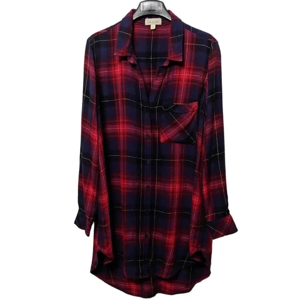 Anthropologie CLOTH & STONE Plaid Long Tunic Button Up Shirt L